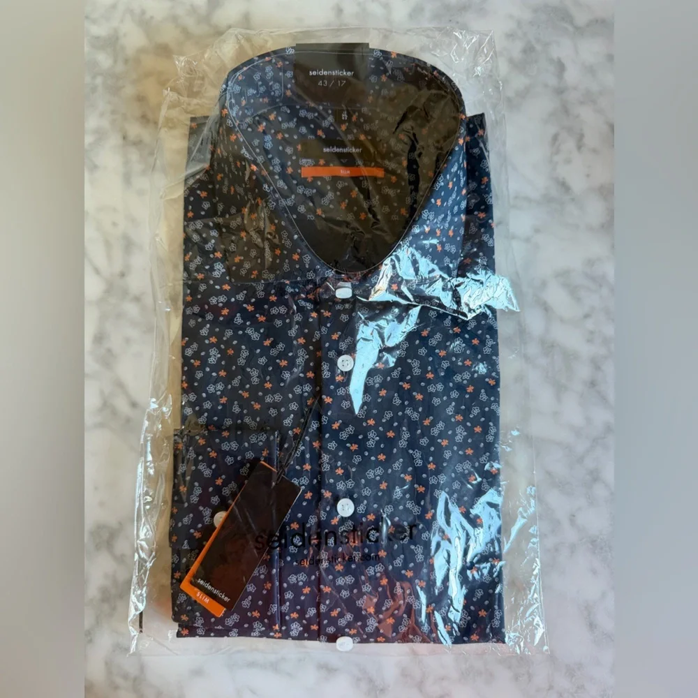 Men's Siedensticker Navy Floral Print Dress Button-Up Shirt 43/17 Extra Large